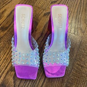 SCHUTZ Fuchsia Patent Slide Sandals with Clear Crystal Studded Straps